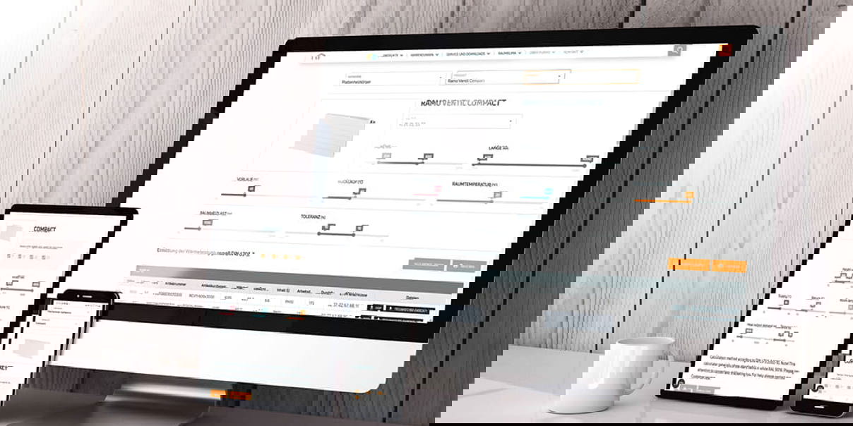 Radiator calculator tool displayed on a desktop computer, tablet and smartphone.